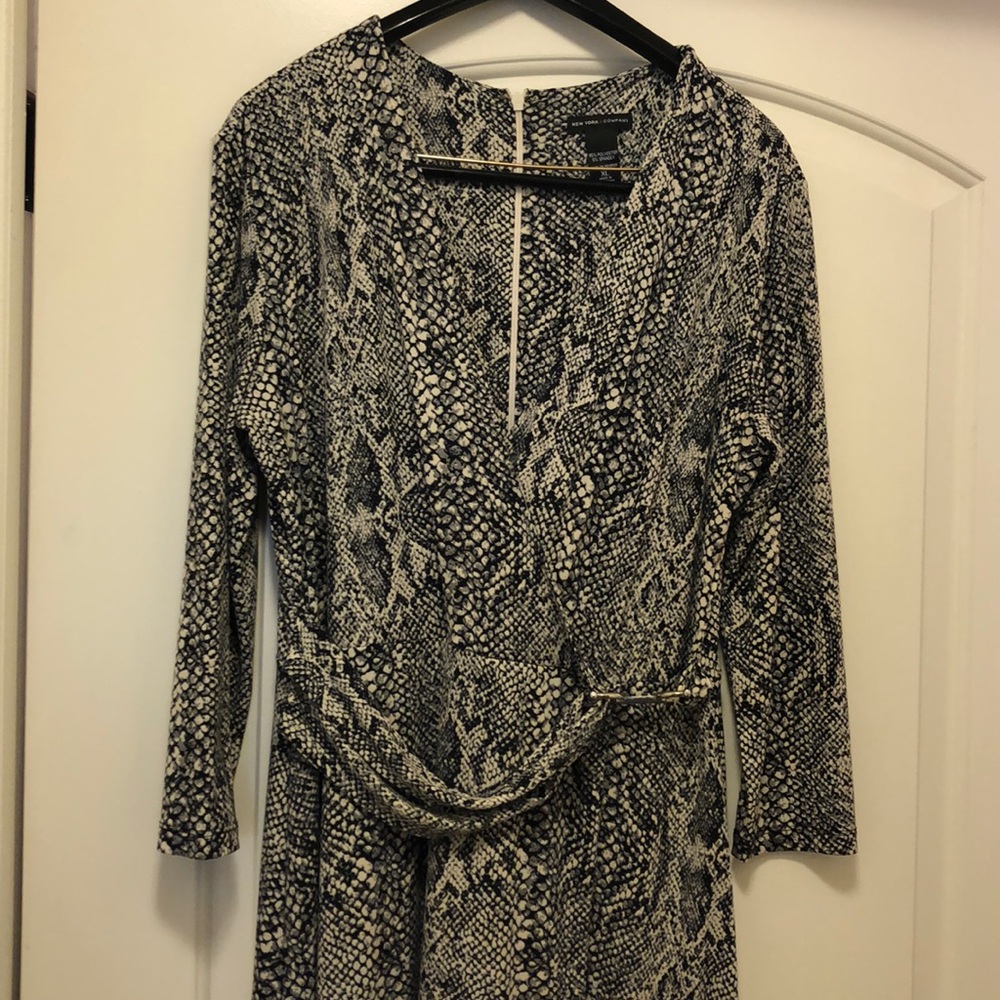 Black and off white faux wrap dress.